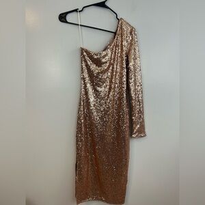 NWT Fashion Nova Fiona One Shoulder Beige Sequin Bodycon Dress Size Medium